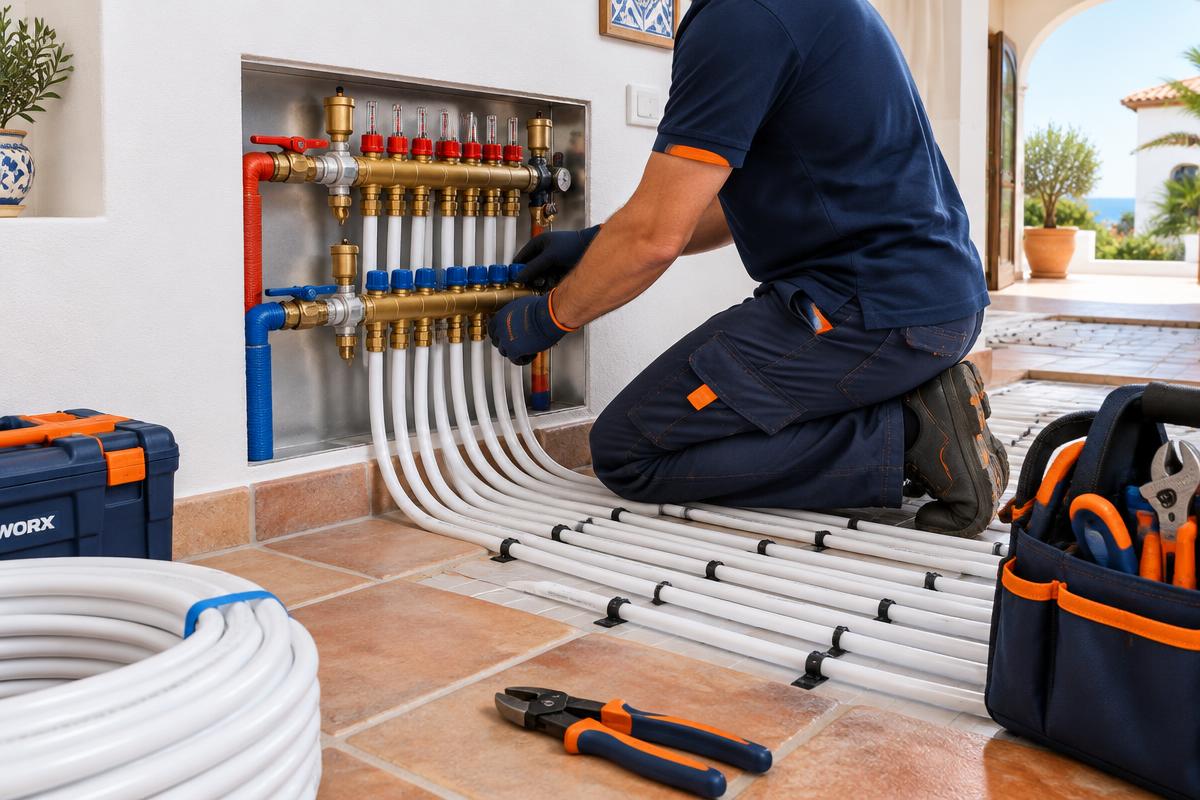 Vloerverwarming verdeler installatie in een Mediterrane woning